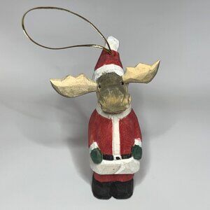 Vintage Hand-Carved Wood Moose Santa Christmas Holiday Ornament